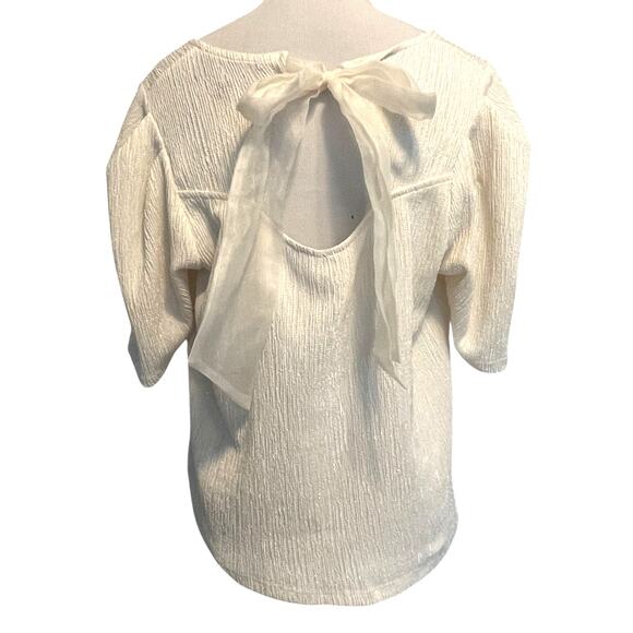 Sundays in Brooklyn Puff-Sleeve Top Womens Medium Ivory Bow-Back V-Neck Anthro - Picture 4 of 9